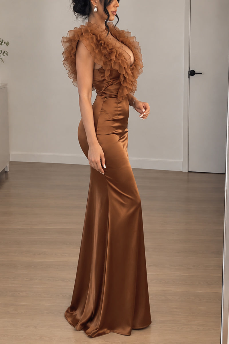 Women's Elegant Ruffle Trim Satin Mermaid Brown Maxi Dress
