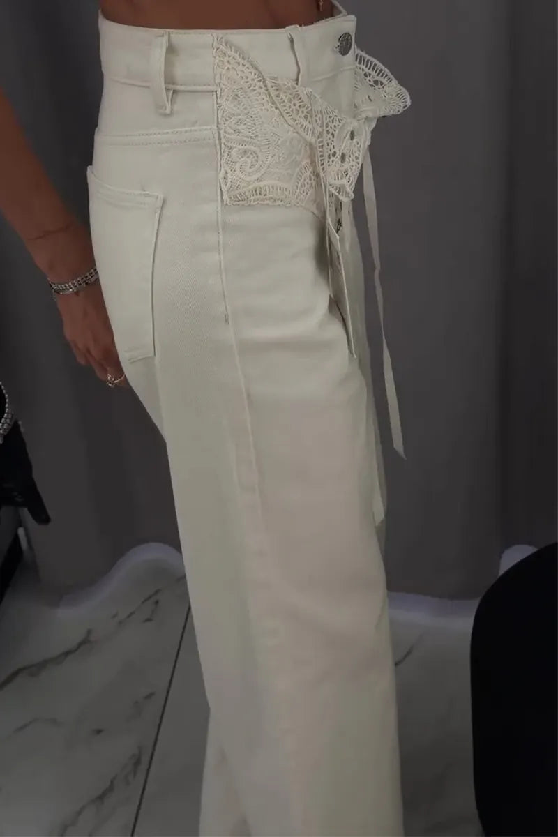 Women Patchwork Lace Patterned Casual Jeans