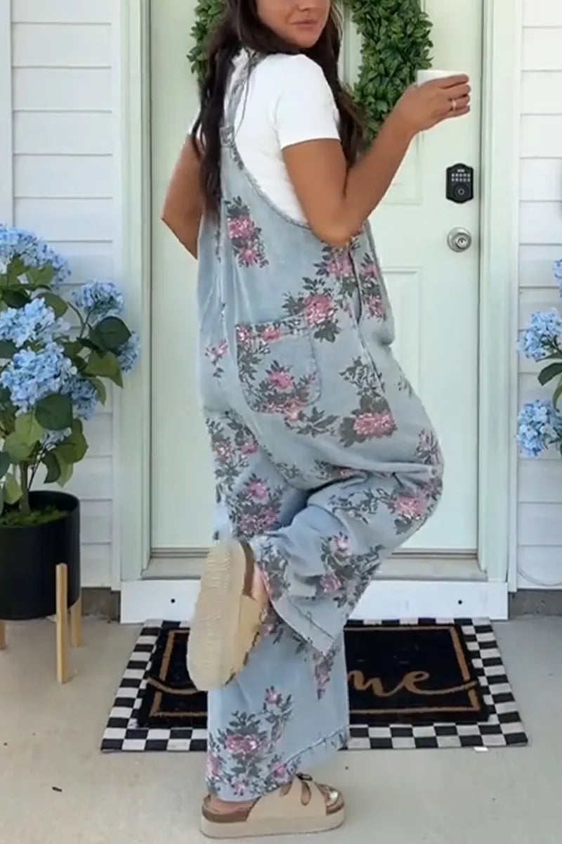 Women's Printed Casual Denim Jumpsuit