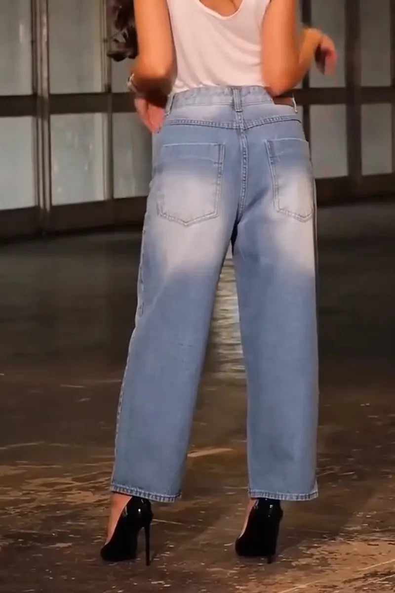 Women's Fashion Pattern Rhinestone Wide Leg Jeans