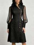Elegant Stand-Collar Denim Dress with Organza Paneling