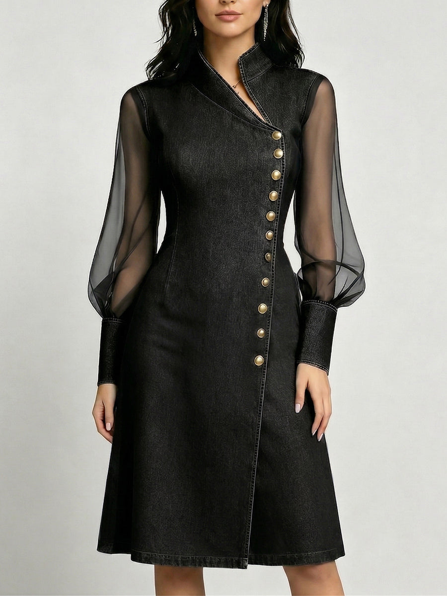 Elegant Stand-Collar Denim Dress with Organza Paneling