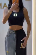 Women'sHalf Denim Half Black Contrast Sunflower Embroidery Wide Leg Pants Or Basic Sleeveless Figure Logo Crop Tank For Women