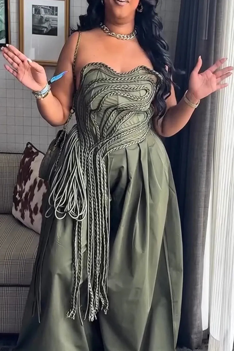 Women's Fashion Woven Decoration Asymmetric Strapless Top or Wide Leg Pants