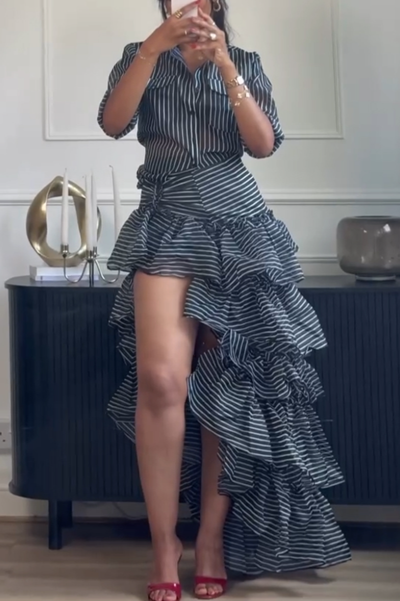 Women's Collar Vertical Striped Shirt or Patchwork Multi-layered Irregular Elegant Casual Half Skirt