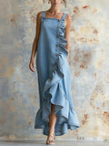 Women's Retro Ruffled Art Stylish Button Casual No Sleeve Denim Dress