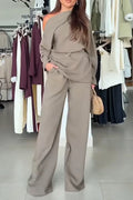Women's Collar and Waist Cinched Top+ Pants Casual Outfit with Temperament