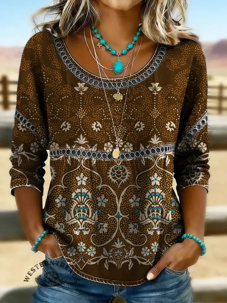 Women's Vintage Floral Print Casual Short Sleeves Denim Shirt