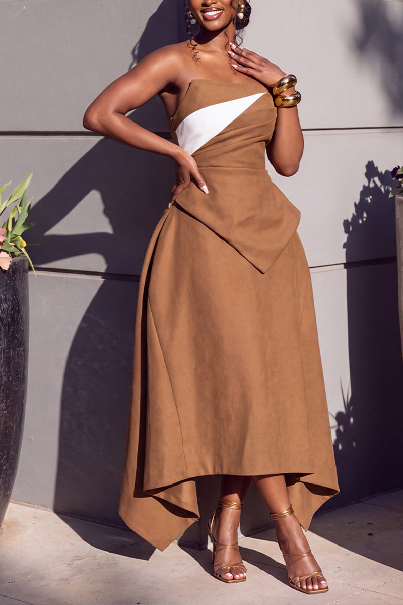 Women's Elegant Color Block Strapless Asymmetric Hem Skirt Two-Piece Set