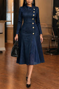 Women's Elegant Pleated Mesh Patchwork Hem Button Denim Dress