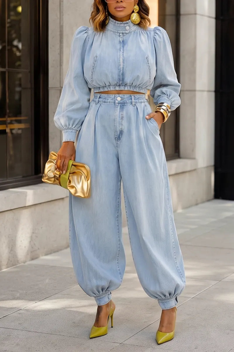 Women's Casual Puff Sleeve Denim Top or Elastic Cuff Jeans