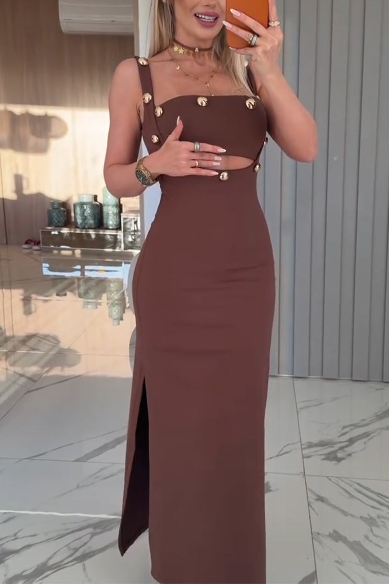 Women's Metal Button Decoration Strapless Top+ Slit Dress Sexy Temperament Two-piece Set