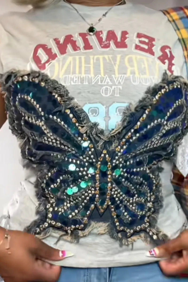 Women's Street Style Short Sleeveless Casual Top With Butterfly Rhinestone Print