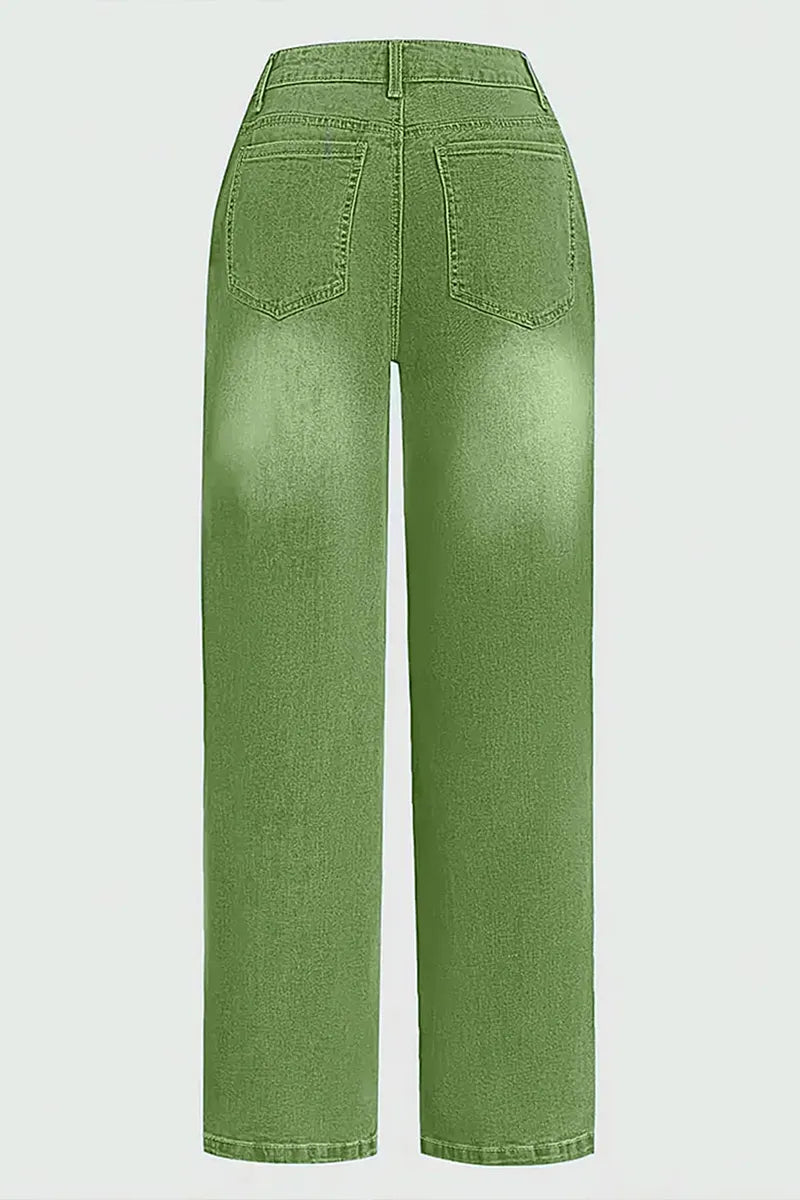 Women Solid Green Washed Wide Leg Denim Trousers High Rise Side Rivet Pocket Casual Baggy Jeans