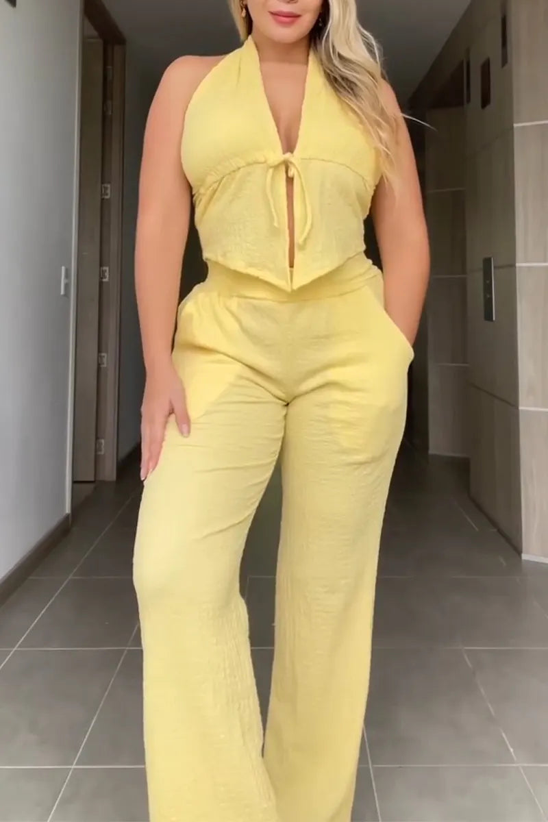 Women's Neck Hanging Top+ Pants Solid Color Casual Suit