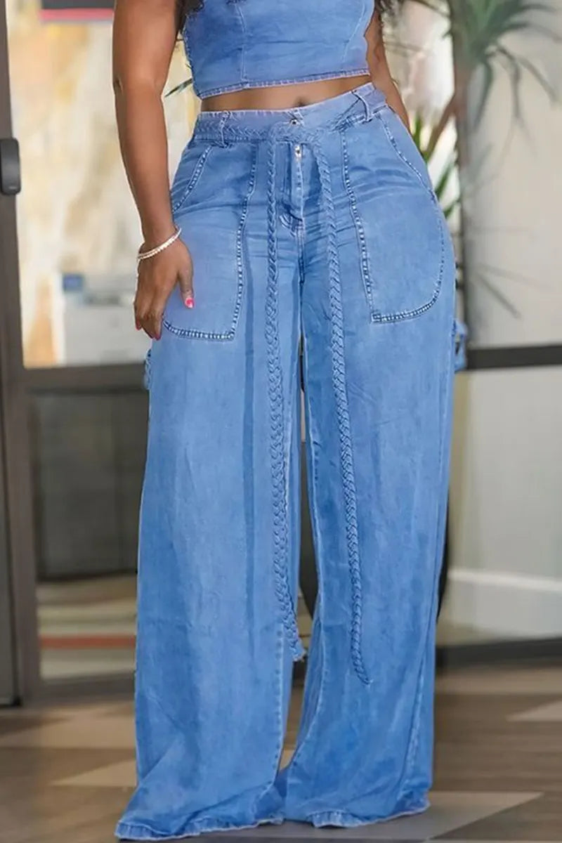 women's Light Denim Raw Edge Strapless Tube Crop Top Or High Waist Braided Tie Belt Big Patch Pocket Flowy Wide Leg Denim Pants