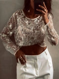 Women Round Neck Sequin Pattern Casual Transparent Top