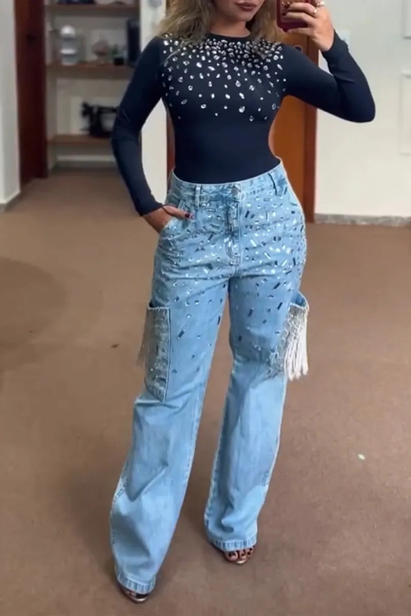 Women's Fashion Open-Back Stretch Rhinestone Top or Fringe Jeans