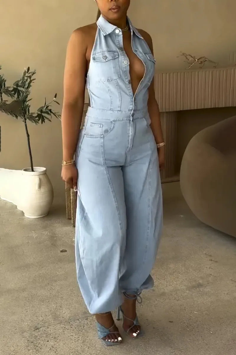 Hot Selling Women's Casual Collar Hollow Denim Jumpsuit