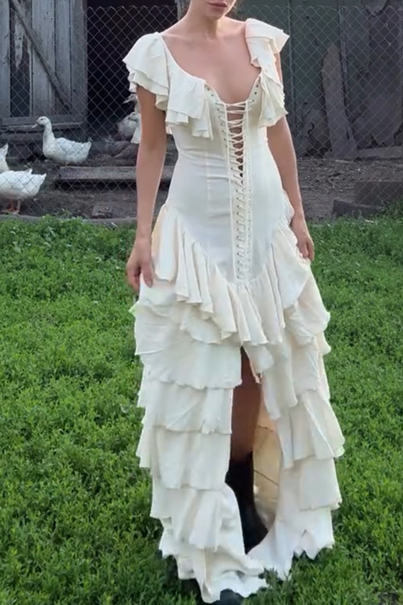 Women's Elegant Tiered Hem Lace-Up Maxi Dress