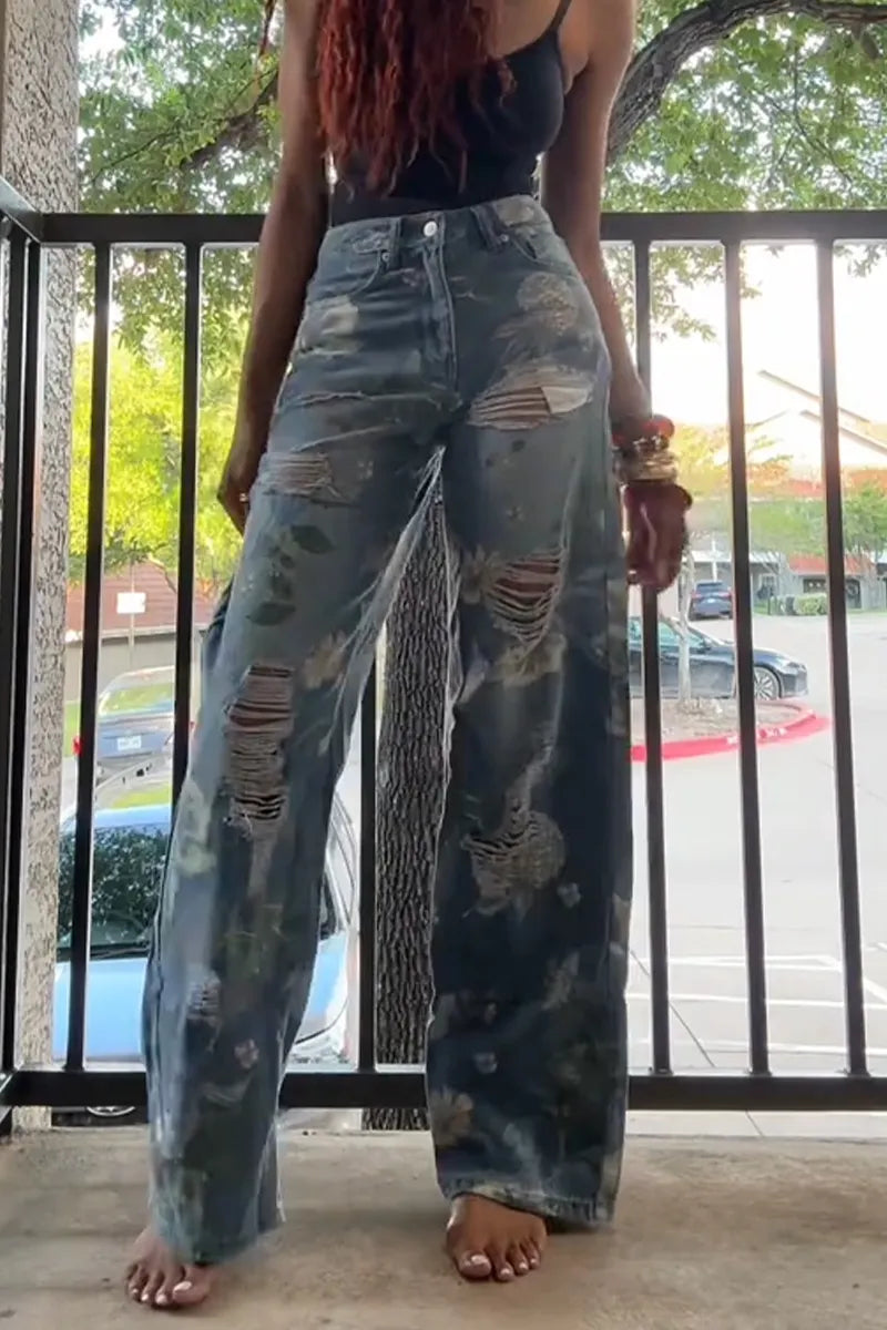 Women Printed Ripped Water Washed Casual Wide Leg Jeans