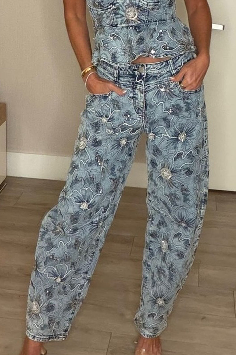 Women's Casual Sequin Embroidered Denim Bustier or Barrel Jeans