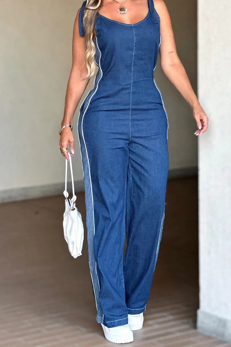 Women's V-Neck Denim Jumpsuit with Side White Stripe Detail