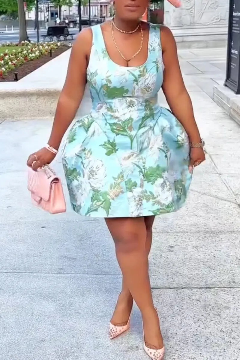 Women U-neck with Waistband Print Vacation Casual Style Mini Dresses