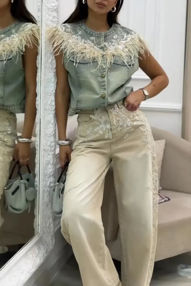 Women's Fashion Sequin Embroidered Feather Denim Vest or Jeans