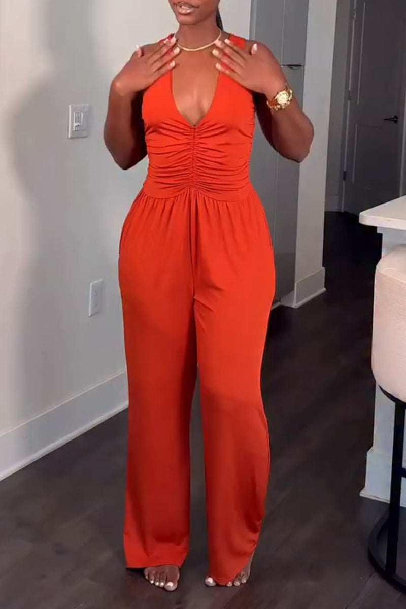 Women's Deep V-neck Solid Color Sleeveless Patchwork Casual Jumpsuit