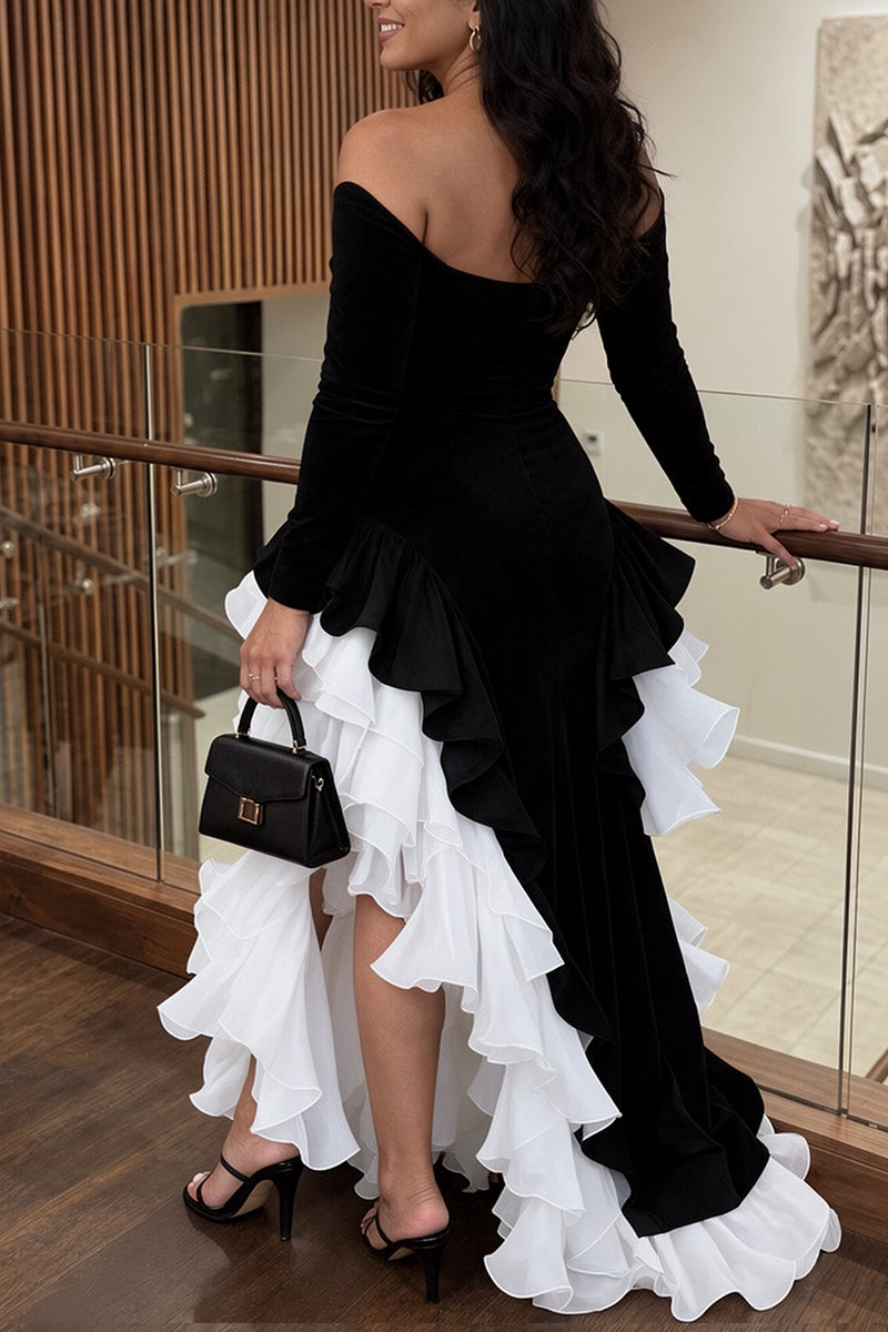 Women's Elegant Off Shoulder Velvet Contrast Ruffle Tiered Black White Slit Maxi Dress