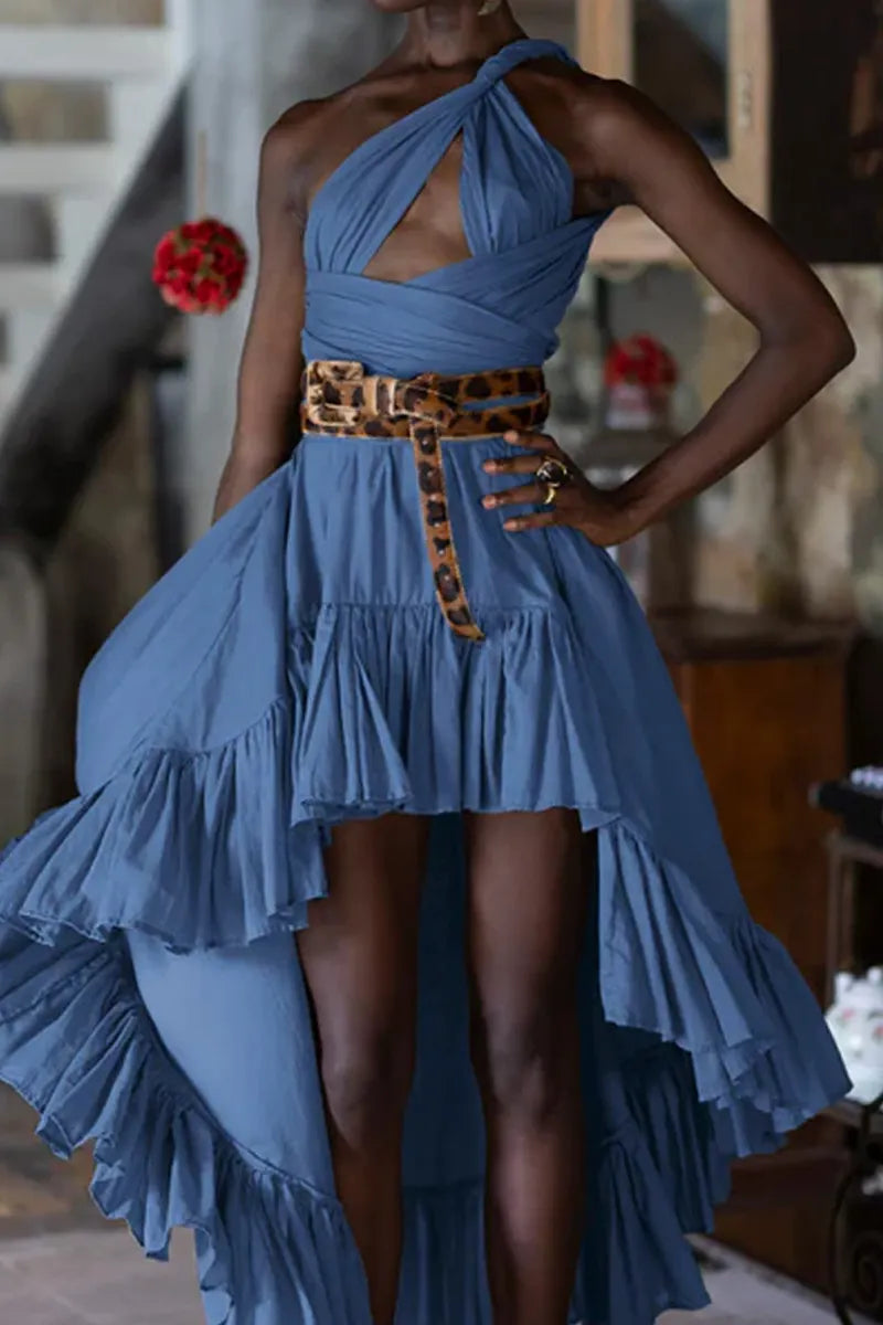 Ladies' Sleeveless Pleated Waist Double Layered Contrasting Chiffon Asymmetrical High-Low Slit Long Skirt, (Belt Not Matching Sold Together)