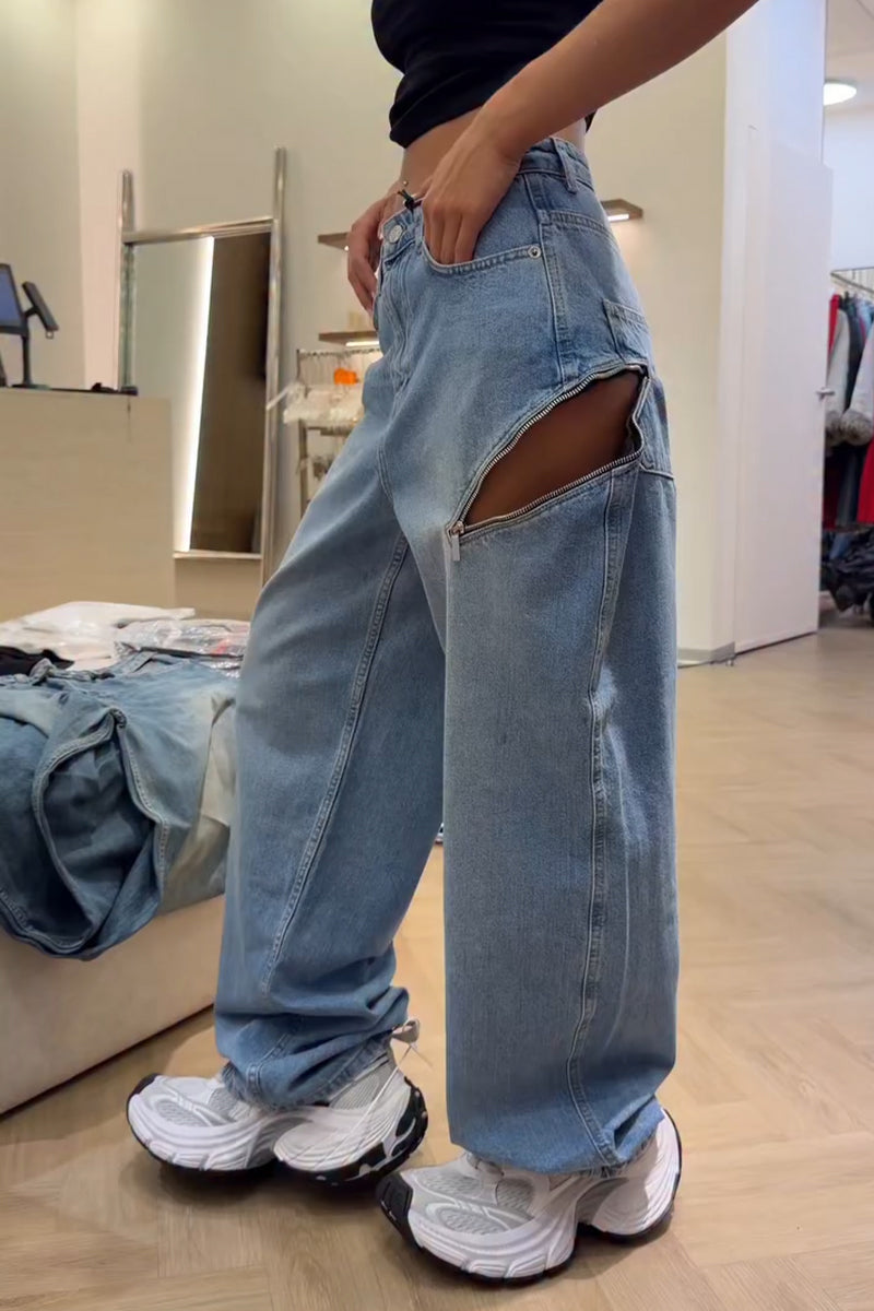 Women's Washed Water Zipper Splicing Casual Wide Leg Jeans