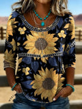 Women's Sunflower Print Casual Hollow Denim Shirt