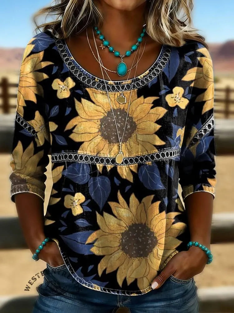 Women's Sunflower Print Casual Hollow Denim Shirt