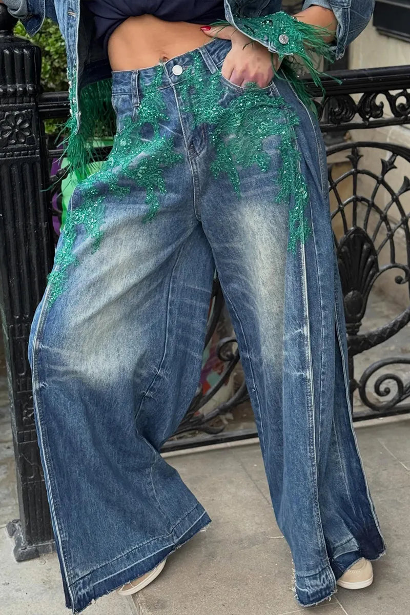 Women's Oversized Denim Jacket or Wide-Leg Jeans with Green Feather & Crystal Embellishments