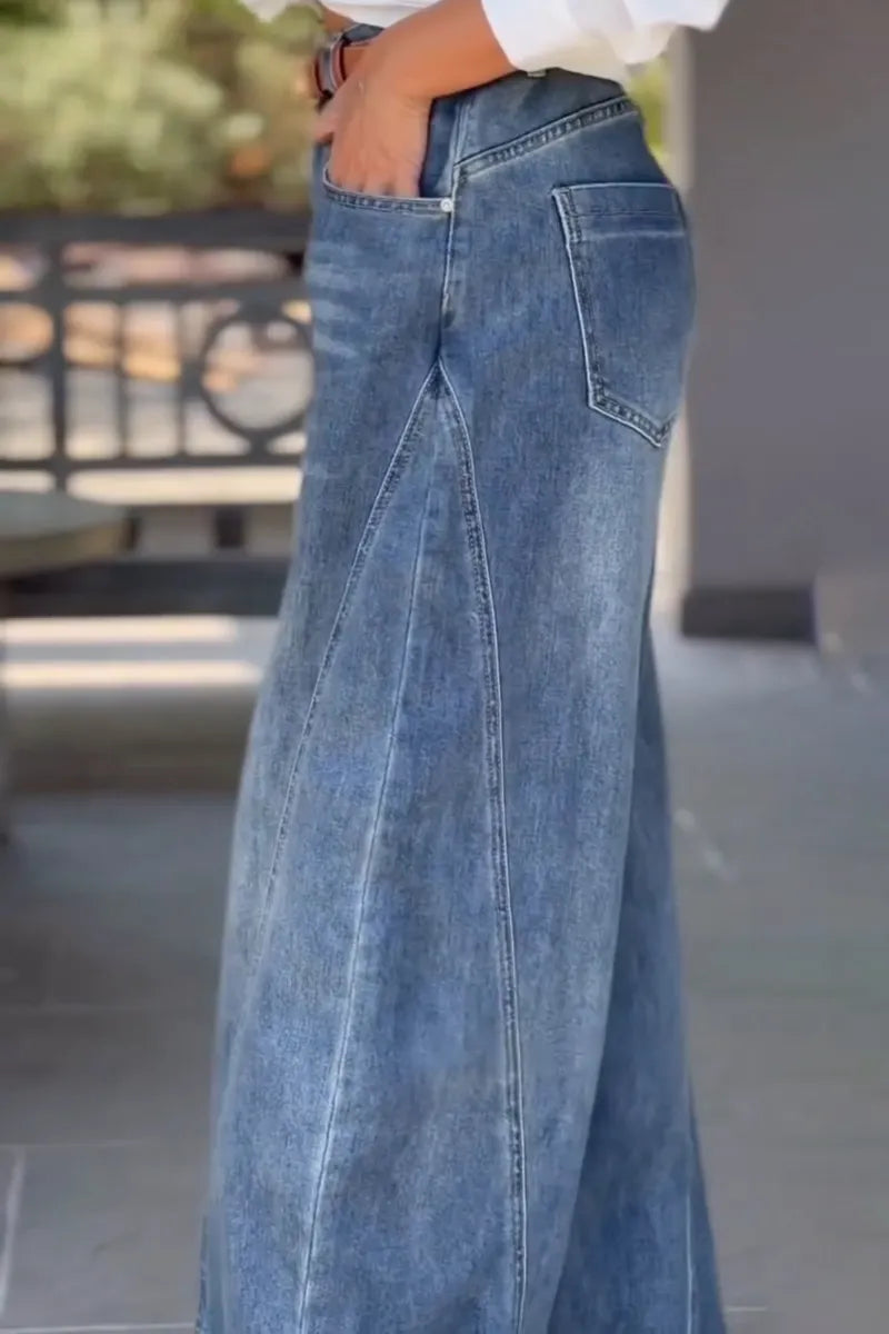 Women Scratch Washed Water Spliced Casual Wide Leg Jeans