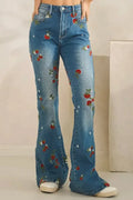 Ladies' Hot Selling Casual Spring And Summer Washed Strawberry Embroidered Jeans