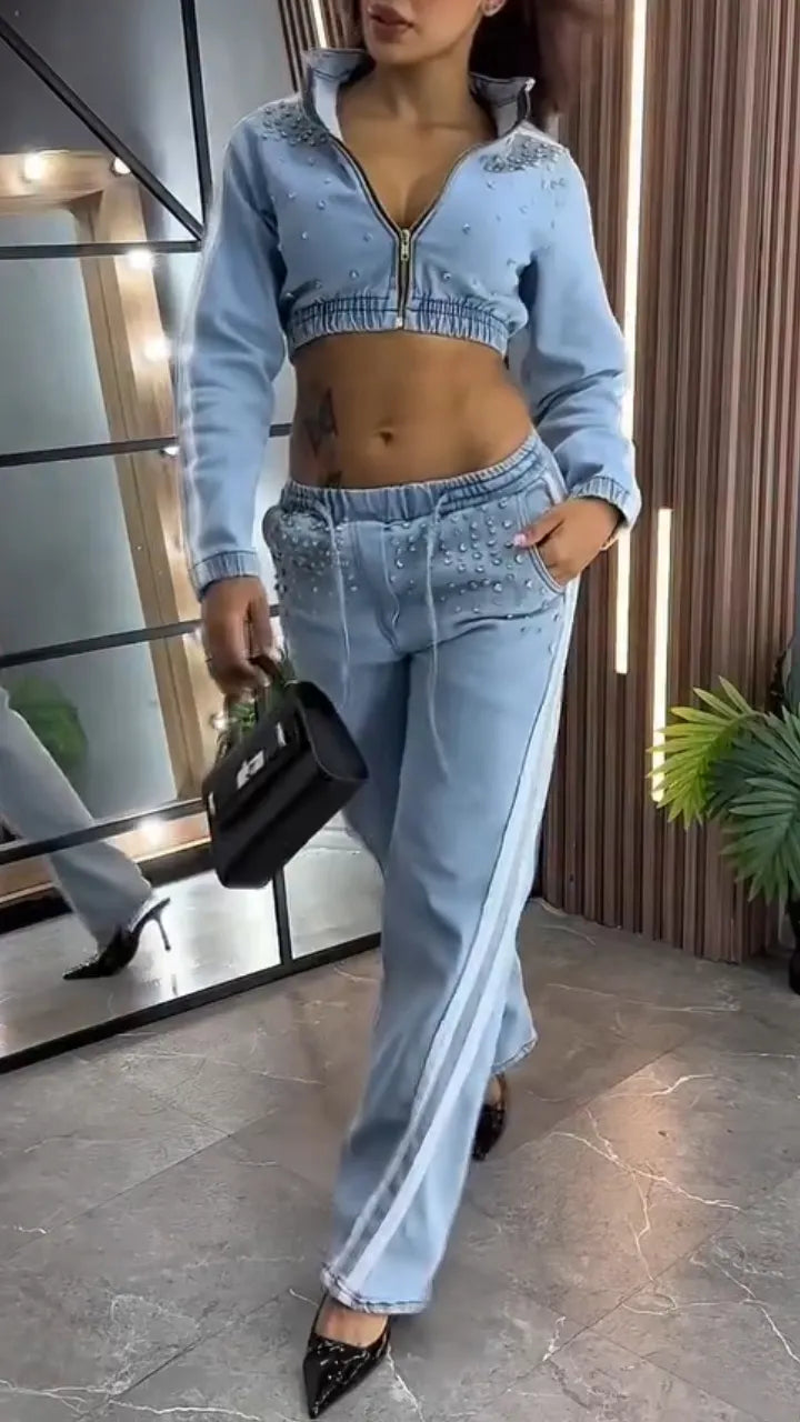 Women Round Neck Nail Drill Jacket+ Pants Casual Denim Suit