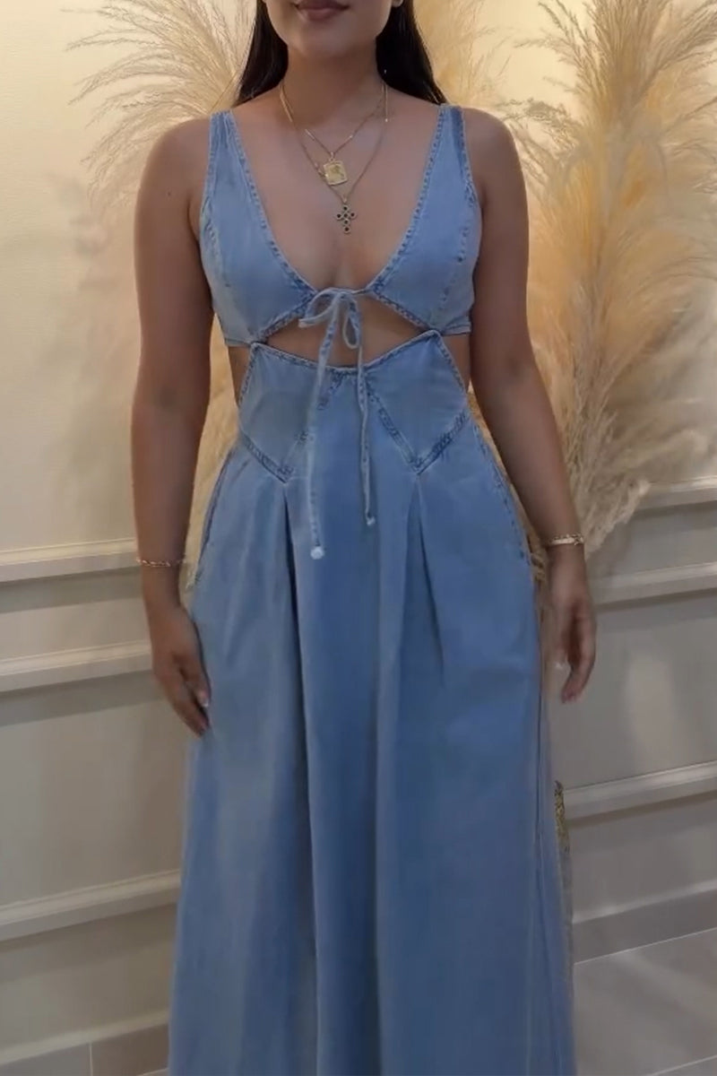 Women's Casual Waist Cut-Out Denim Wide Leg Jumpsuit