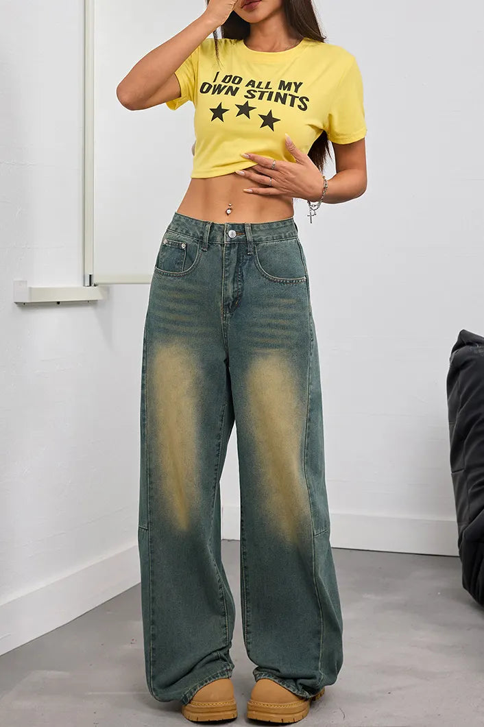 Women's Vintage Washed Loose Fit Jeans With Embroidery