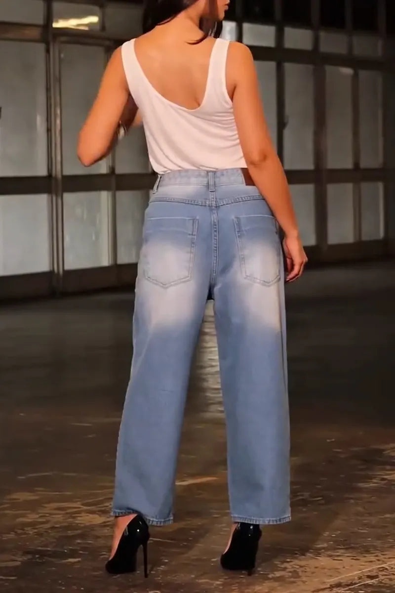 Women's Fashion Pattern Rhinestone Wide Leg Jeans