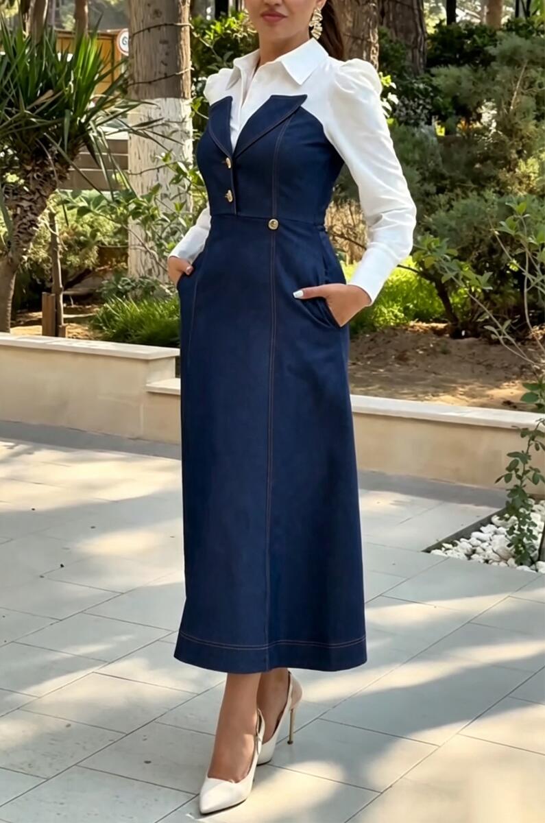 Women's Collar Patchwork Denim Elegant Temperament Dress
