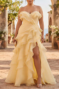 Women's A-Line Sweetheart Neck Chiffon Ruffle Solid Yellow Maxi Dress