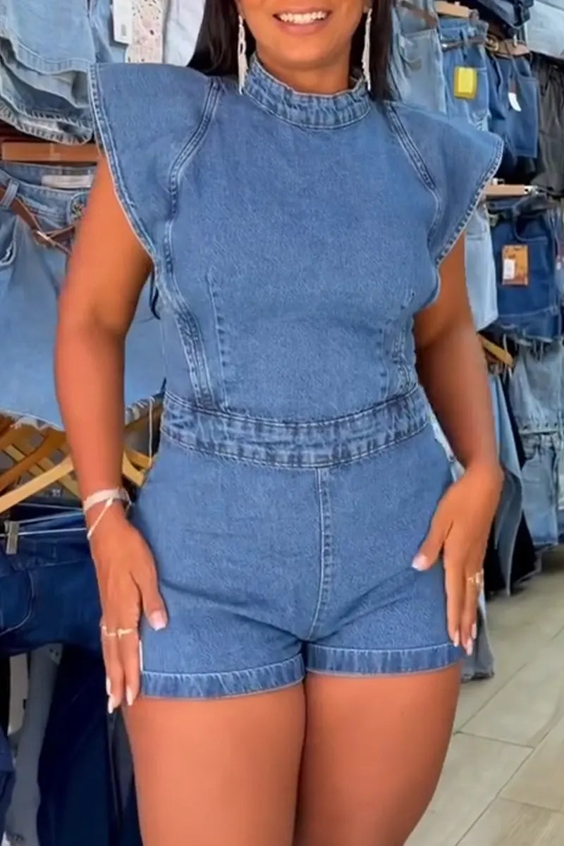 Women's Fashion Flounce-Sleeve Denim Short Jumpsuit