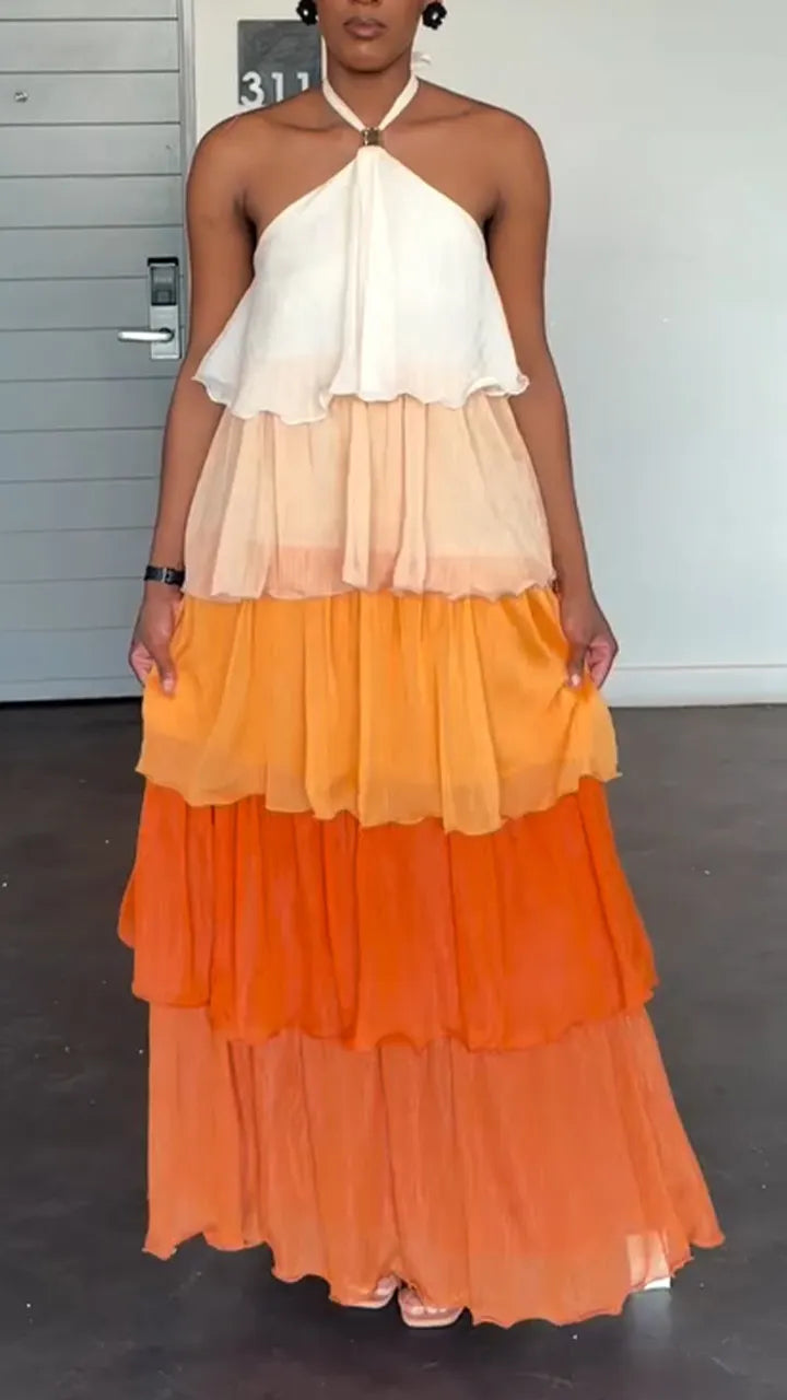 Women Neck Hanging Sleeveless Patchwork Colorful Elegant Casual Dress