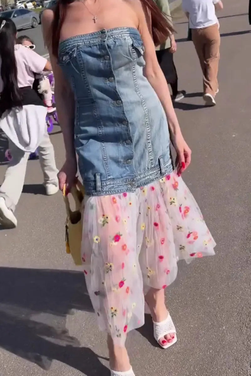 Women's Casual Strapless Denim Spliced Floral Tulle Midi Dress
