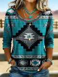 Women's Vintage Aztec Print Casual Short Sleeves Denim Shirt