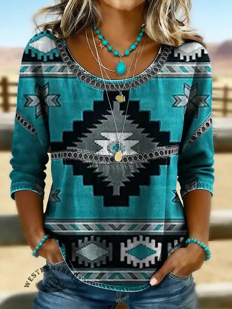Women's Vintage Aztec Print Casual Short Sleeves Denim Shirt