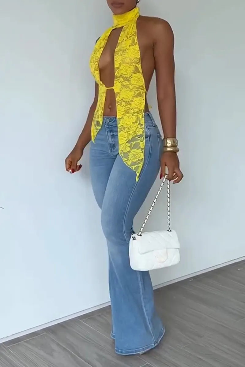 Women's Fashion Lace Backless Vest or Flare Jeans